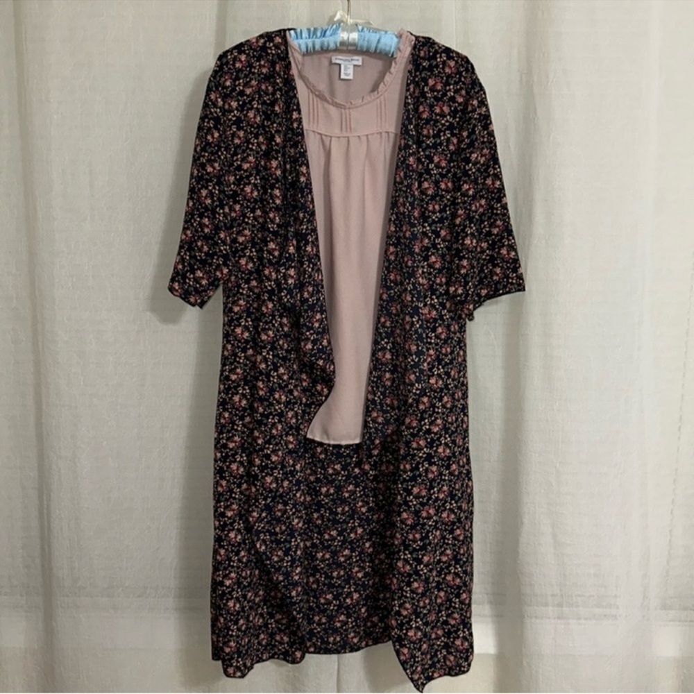 LuLaRoe S Navy Pink Green Ditsy Floral Open Front Kimono Duster